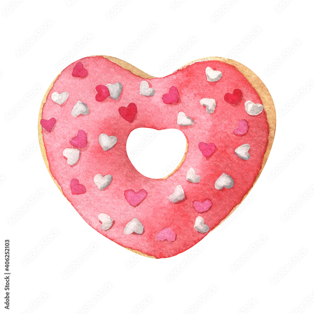 Watercolor heart shaped donut with red glaze Watercolor heart shaped donut with red glaze