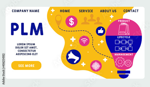 Vector website design template . PLM - Product Lifecycle Management acronym. business concept background. illustration for website banner, marketing materials, business presentation, online 