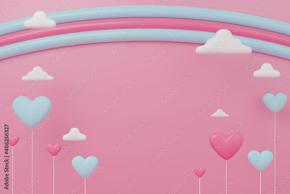 3d render heart shaped balloon with cloud and rainbow on pink background.