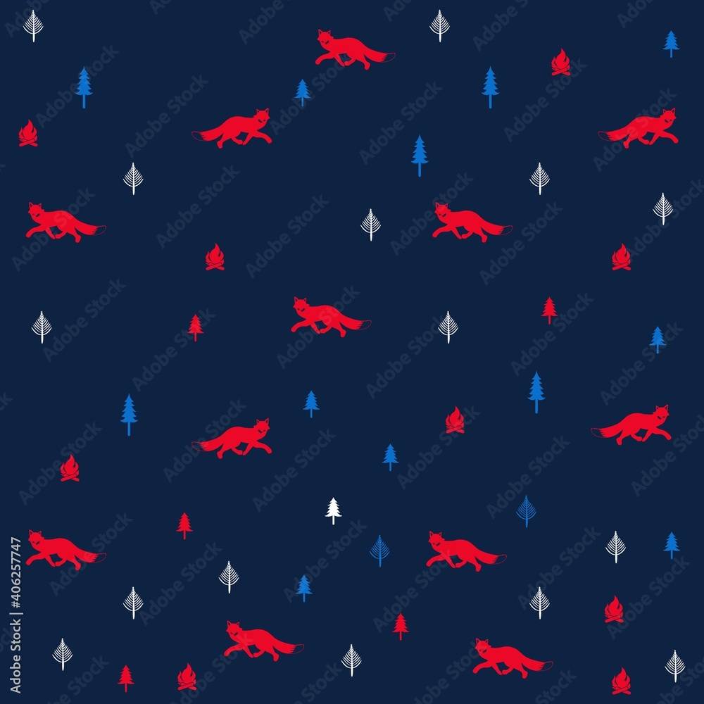 Illustration pattern fox with tree and background Illustration pattern fox with tree and background