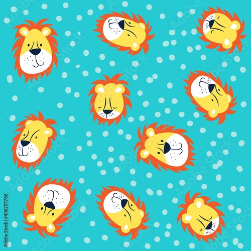 Illustration pattern cute lion head with dots and background