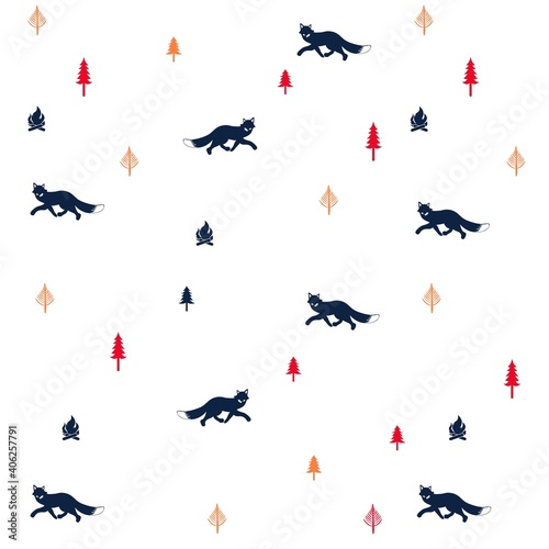 Illustration pattern fox with tree and background