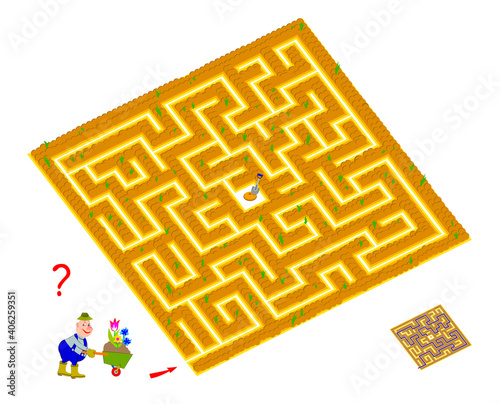 Logic puzzle game with labyrinth for children and adults. Help the gardener find the way till the flower bed. Worksheet for kids brain teaser book. IQ test. Play online. Vector illustration.
