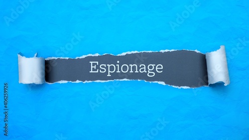 Espionage. Blue torn paper banner with text label. Word in gray hole.