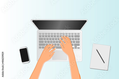Top view of Woman's hands working on a Laptop with phone and notebook on the table. Vector illustration