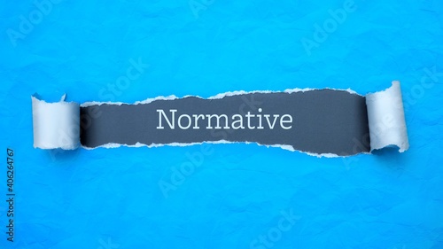 Normative. Blue torn paper banner with text label. Word in gray hole.