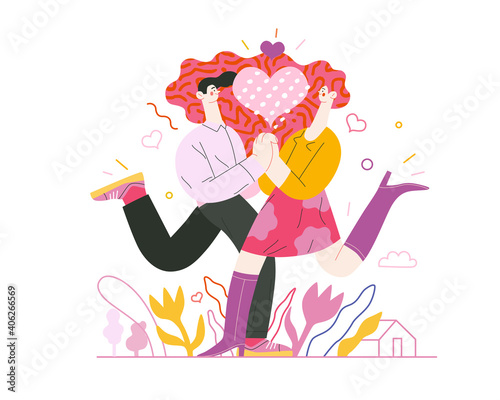 Couple in love - Valentines day graphics. Modern flat vector concept illustration - a young hetoresexual couple running towards each other, holding their hands. Heart. Cute characters in love concept