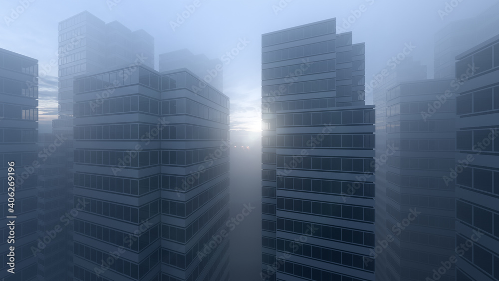 Fototapeta premium Modern city architecture on sunset. 3D Rendering.