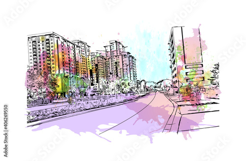 Building view with landmark of Darwin is the capital of Australia. Watercolour splash with hand drawn sketch illustration in vector.