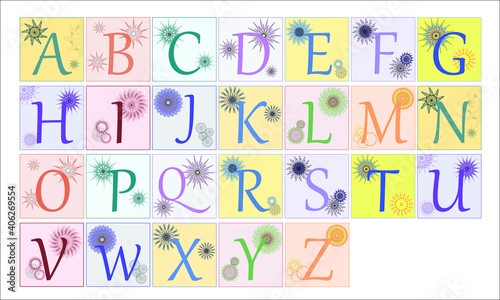 Vector alphabet set in pastels with colorful geometric stars as embellishments