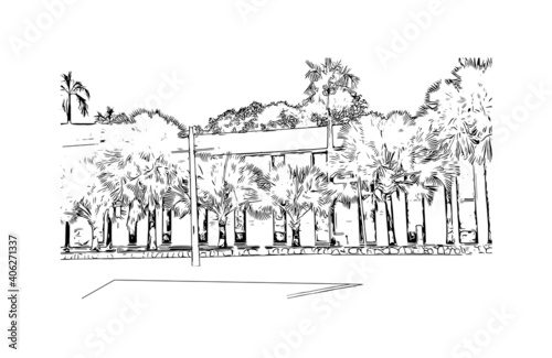 Building view with landmark of Darwin is the capital of Australia. Hand drawn sketch illustration in vector.