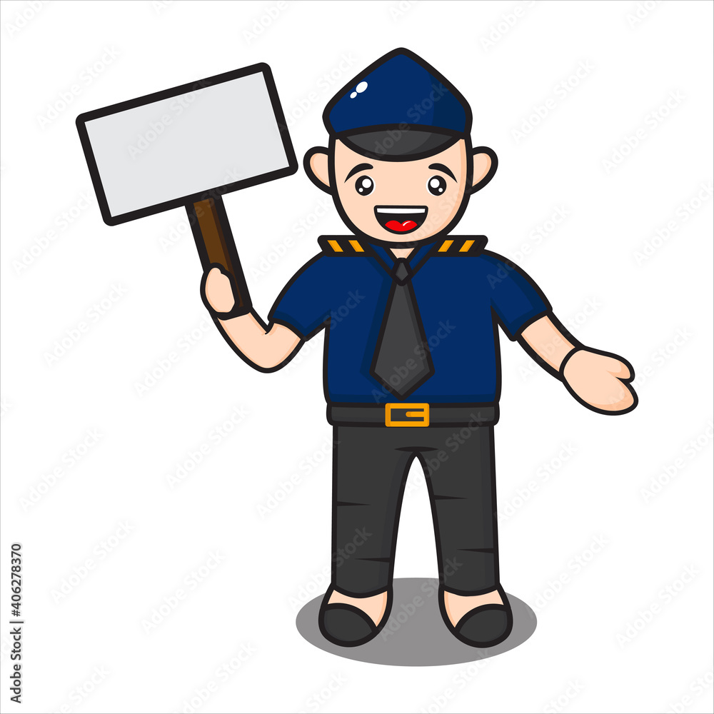 cute cop mascot with blackboard, funny cop cartoon character on white background, design eps 10