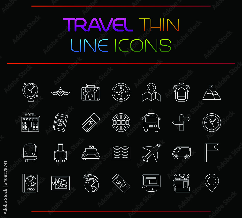 Travel thin line icons set. Tourism symbols. Vector illustration.