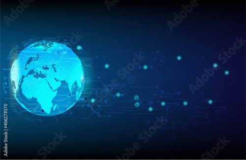 Abstract blue technology background.Vector world circle and electricity line with blue electronic cycle.Digital data   circuit board  Scientific background Digital art and Abstract background concept.