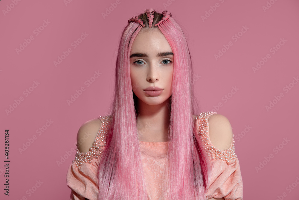 woman with dyed pink straight hair. Pink background. copycpase woman with dyed pink straight hair. Pink background. copycpase