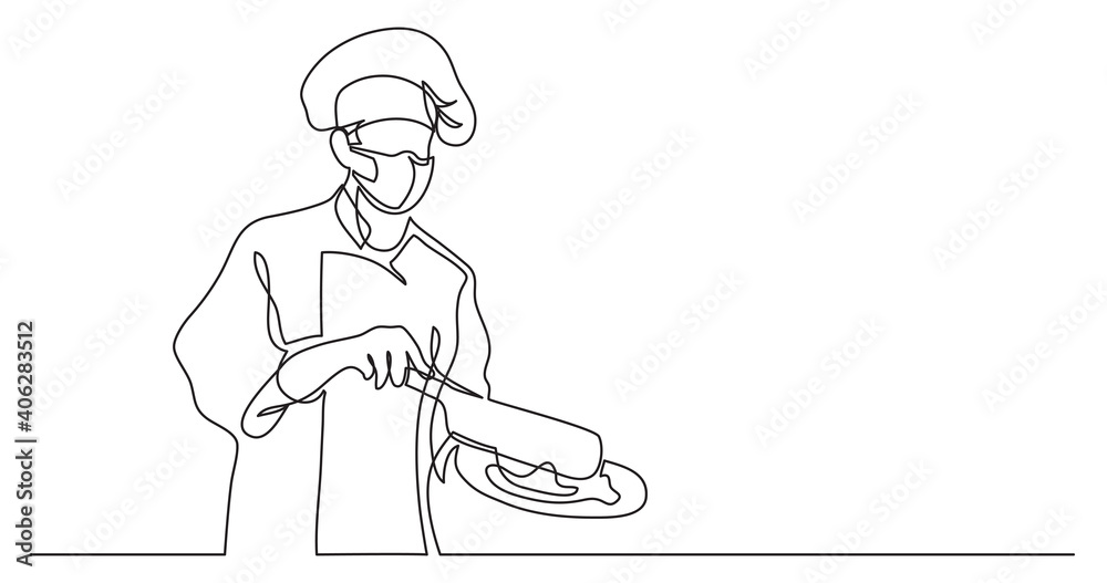 continuous line drawing of chef cooking meal wearing face mask