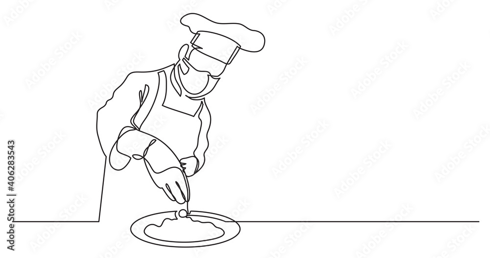 Fototapeta premium continuous line drawing of chef finishing meal preparation wearing face mask
