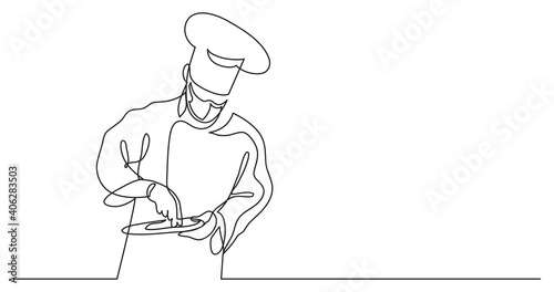 continuous line drawing of chef cooking gourmet meal wearing face mask