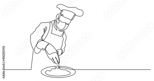 continuous line drawing of chef finishing meal preparation wearing face mask