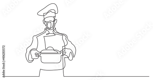 continuous line drawing of chef holding pot of meal wearing face mask
