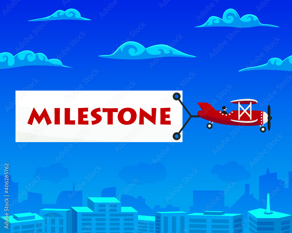 Milestone banner is attached to the airplane. Vector illustration