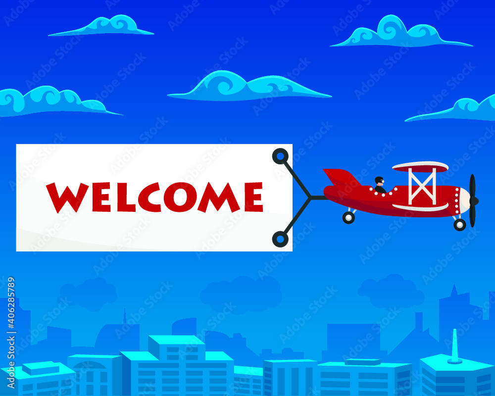 Welcome banner is attached to the airplane. Vector illustration