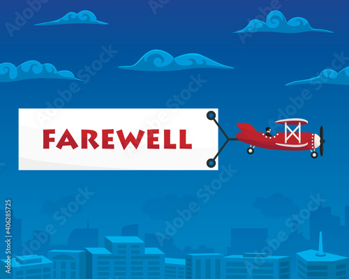 Farewell banner is attached to the airplane. Vector illustration