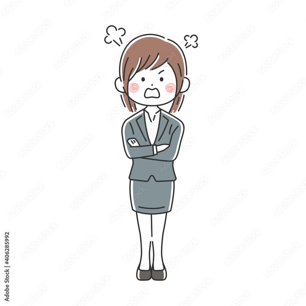 腕組みをして怒っているビジネスウーマンのイラスト