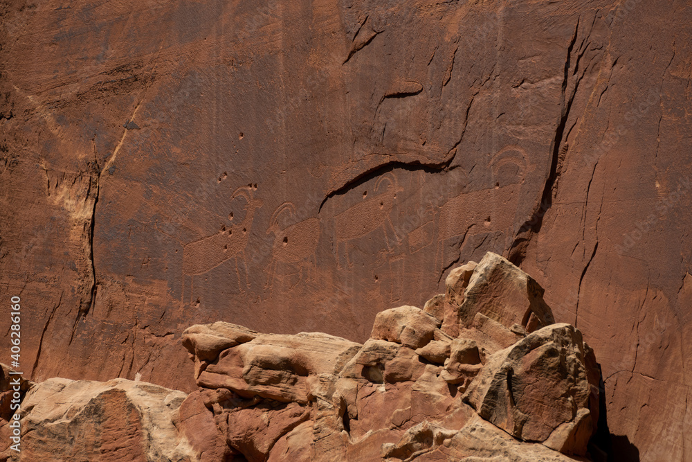Goat Figure Petroglyphs Carved into Dark Stone Wall Stock Photo | Adobe