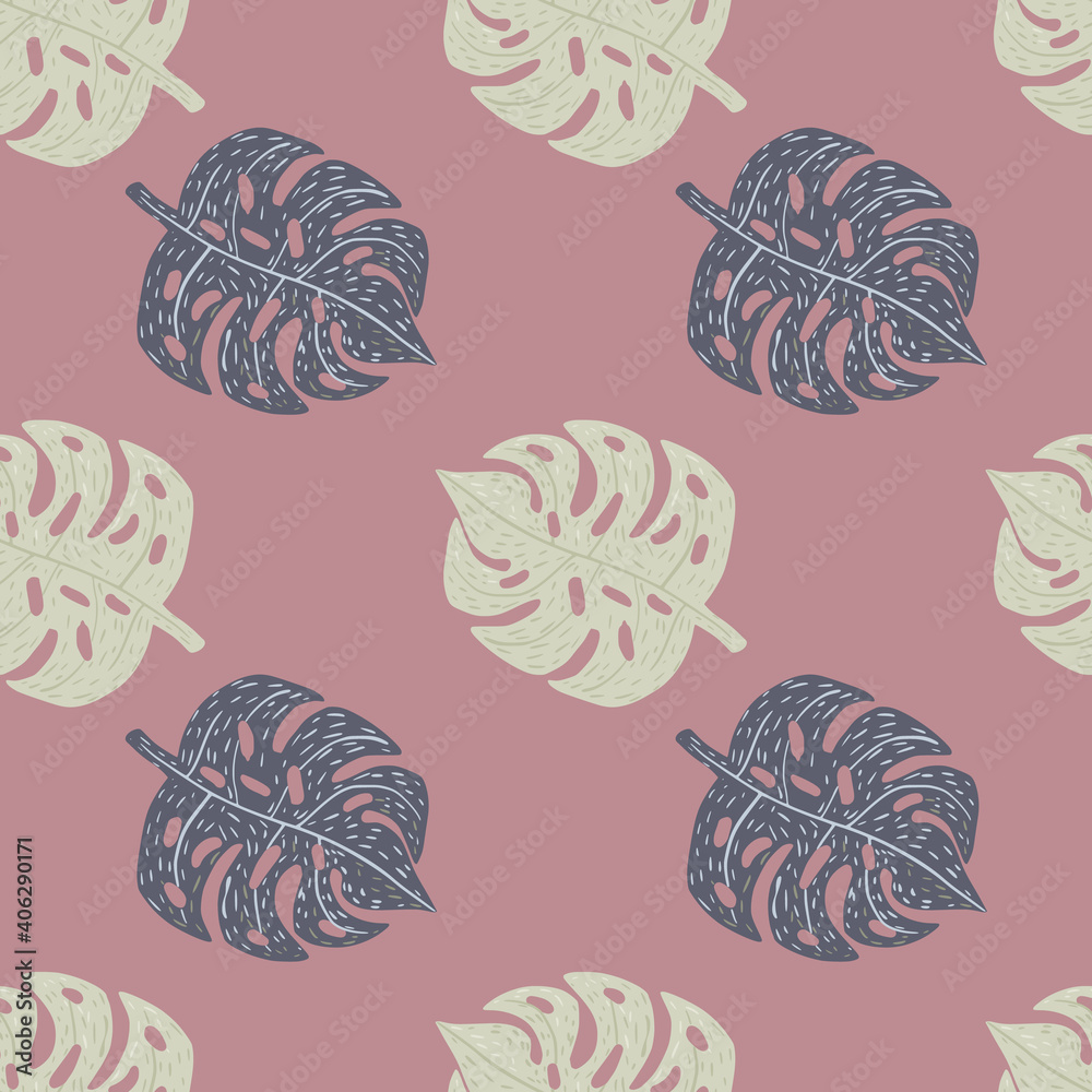 Nature seamless pattern with grey and navy blue monstera ornament. Pink background. Simple design.