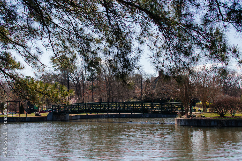 Green wooden bridge over the lake in the park in early spring on a sunny clear afternoon. Cleveland Park in Spartanburg, SC, USA on a sunny spring day.