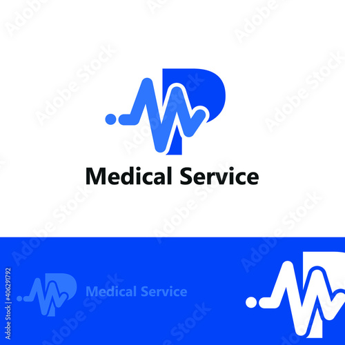 P initial letter for medical clinic with impulse wave signal, heartbeat, equalizer icon. Hospital, radio, art, sound wave, electronic, technology, healthcare logo idea concept