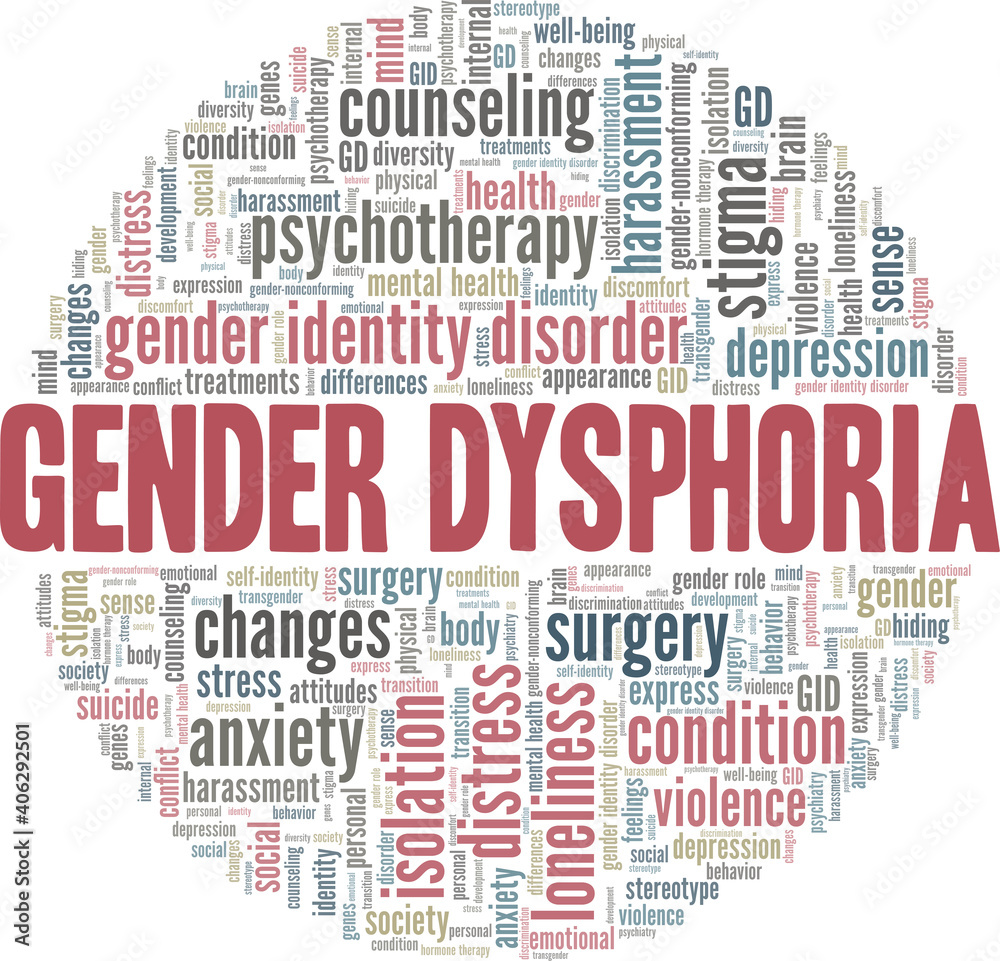 Gender dysphoria vector illustration word cloud isolated on a white background. Gender dysphoria vector illustration word cloud isolated on a white background.