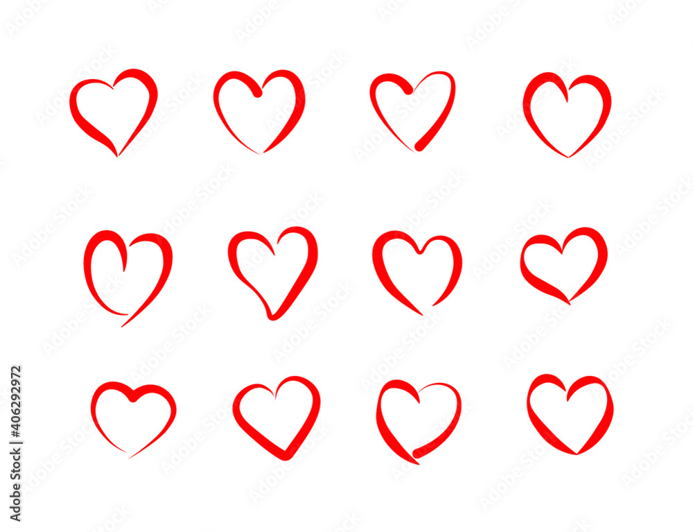  vector variants of red hearts contour in free technique isolated on white background