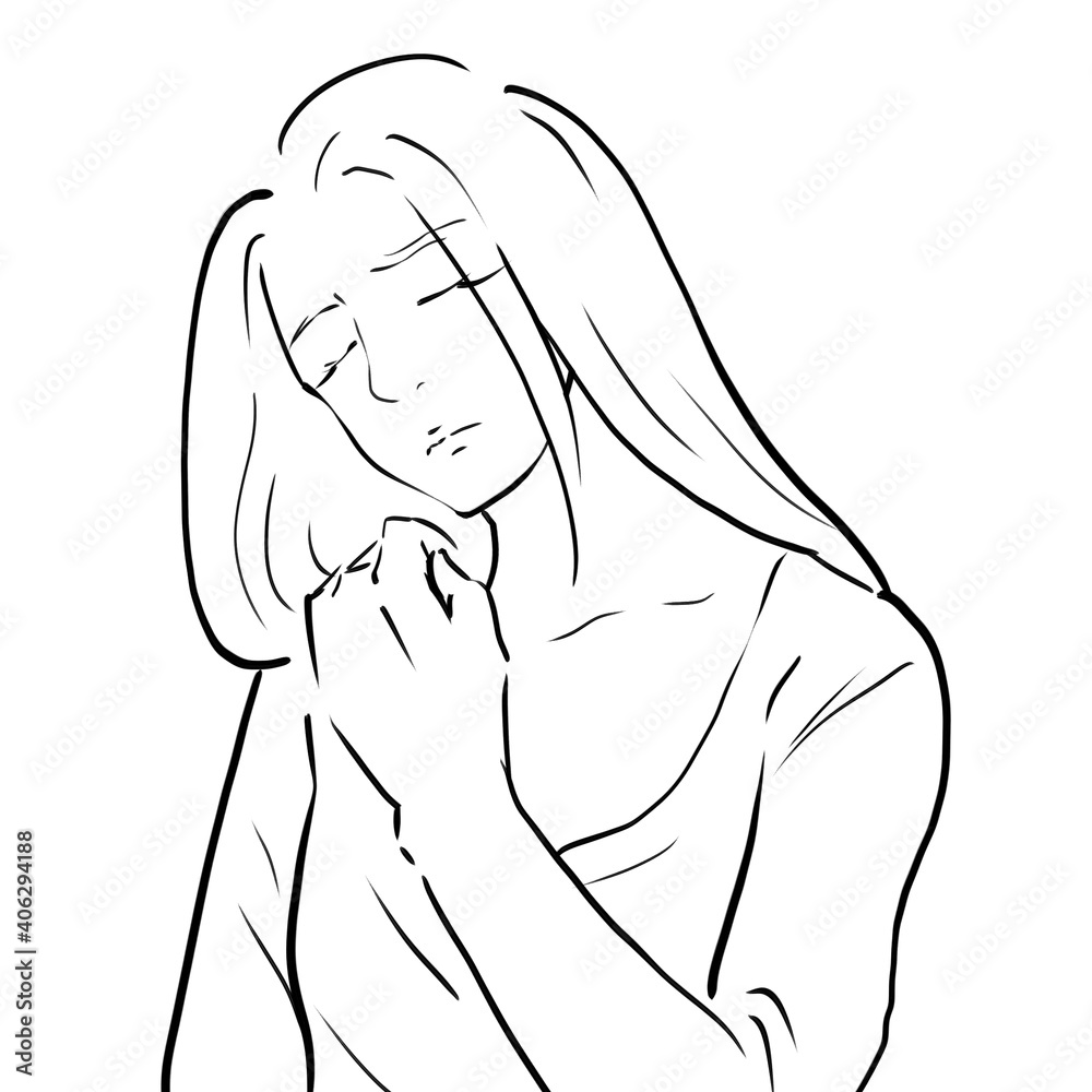 肩に手を当てて目を閉じて考えている女性のイラスト 肩に手を当てて目を閉じて考えている女性のイラスト