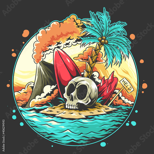 Summer skull head on the beach with a broken surf board vector