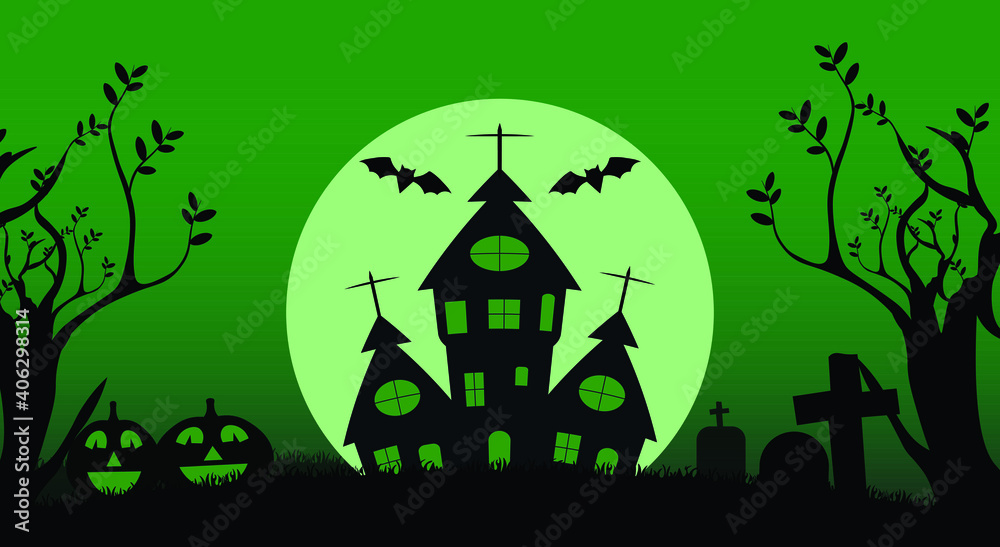 Happy Halloween with the tree, haunted house, pumpkin, full moon scene vector illustration.