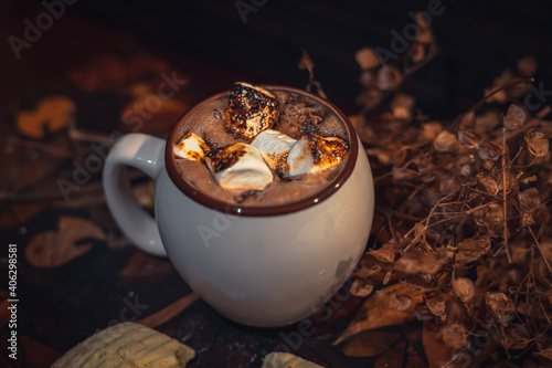 cup of coffee with chocolate and marshmallow