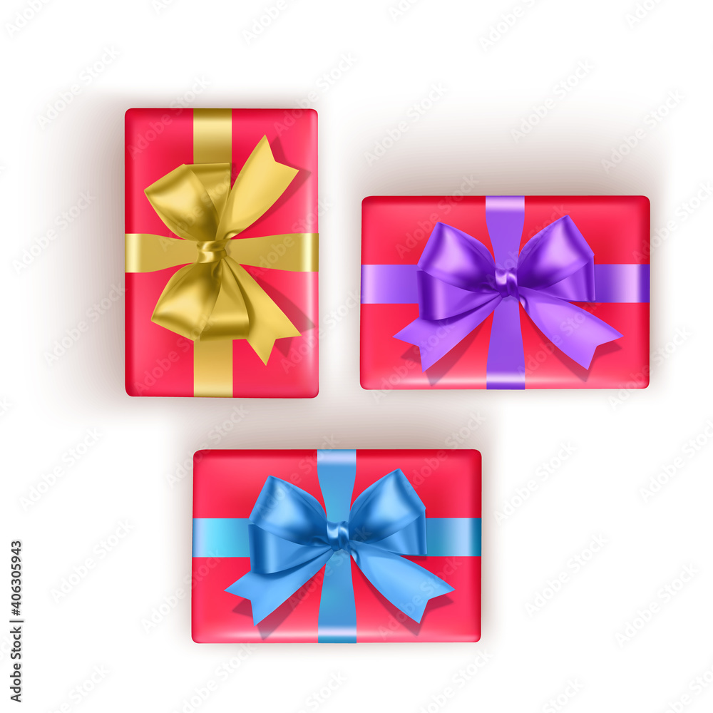 Set of colorful gift boxes with bows and ribbons. Vector illustration Set of colorful gift boxes with bows and ribbons. Vector illustration