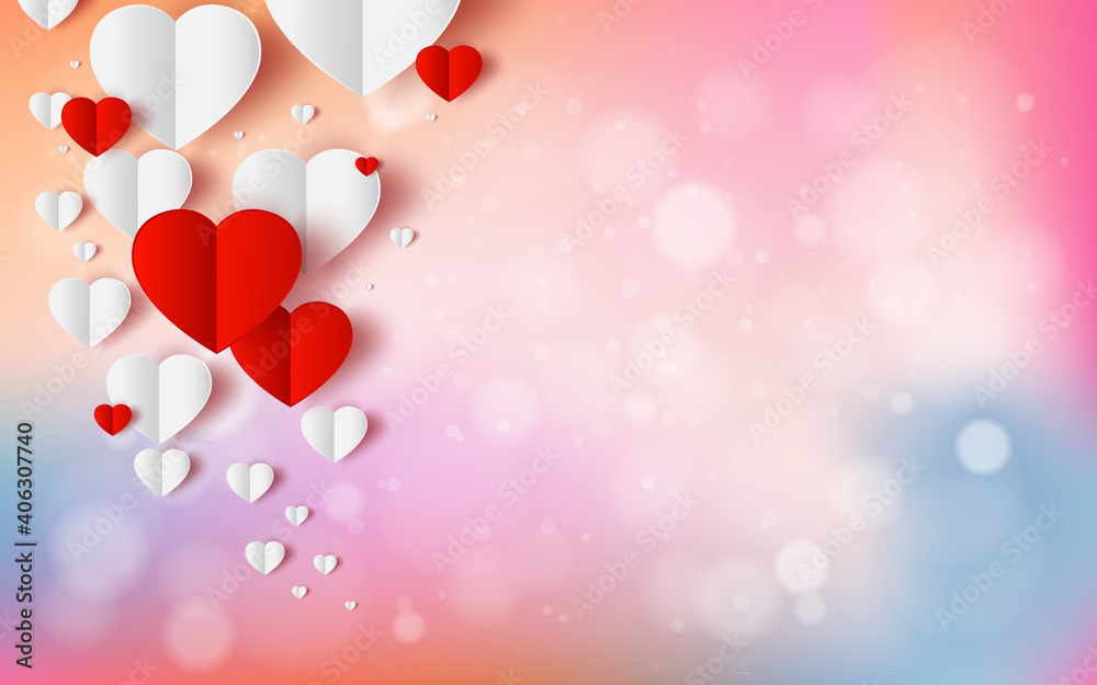 Abstract flying red and white hearts on red background. Valentines day concept