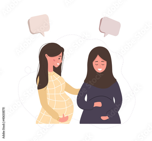 Pregnant girl talk to each other. Business women discuss social network, chat with dialog speech bubbles, debate working moments. Modern vector illustration in flat style