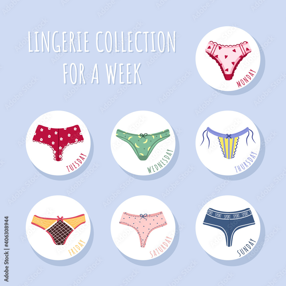 Modern female panties collection for week. Cute colorful weekly knickers  with bows and lace. Trendy undergarments. Vintage vector illustration in  flat cartoon style. Suitable for logo, icon, banner. Stock Vector