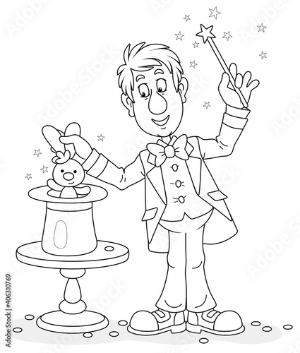 Artful circus magician illusionist conjuring tricks with a small rabbit and waving a magic wand above his mysterious hat on a stage, black and white outline vector cartoon illustration