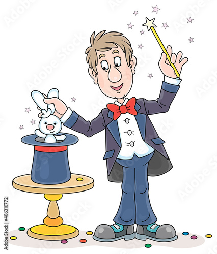 Artful circus magician illusionist conjuring tricks with a small white rabbit and waving a magic wand above his mysterious hat on a stage, vector cartoon illustration isolated on a white background
