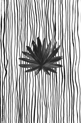Rough texture, tropical leaf pattern. Watercolor palm leaf on striped background