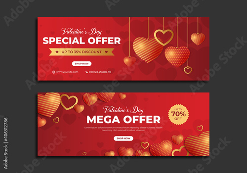 Valentines day sale banner template design with heart balloon. Web banner or cover with logo for valentine day offer promotion. Abstract graphic digital marketing banner for online business. 