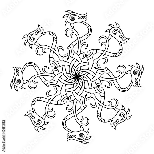Dragon coloring book vector illustration. Hand drawn Coloring page for adults. Black and white lines. Round animal ornament with medieval dragons