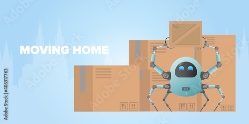 Moving home banner. A small futuristic robot is holding a box. Cartoon style. Vector illustration.