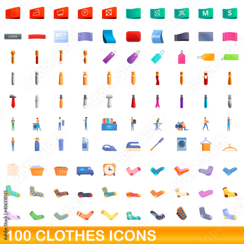 100 clothes icons set. Cartoon illustration of 100 clothes icons vector set isolated on white background