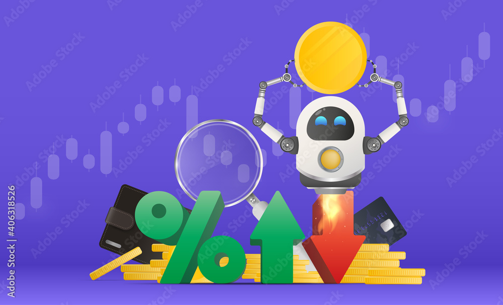The flying robot is holding a gold one. Wallet, bank card, pile of coins, magnifier, financial chart. Business banner. Vector.